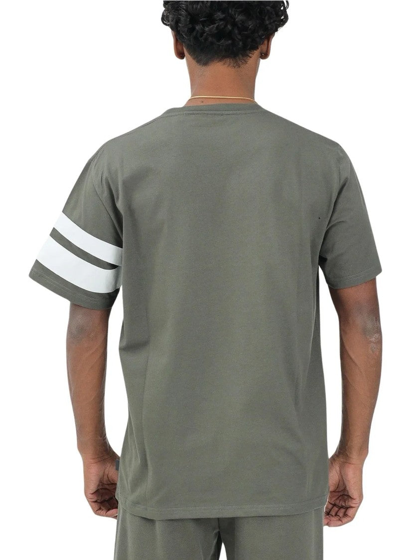 Gcds Military Green Cotton T-Shirt With Bold Logo And Striped Sleeves