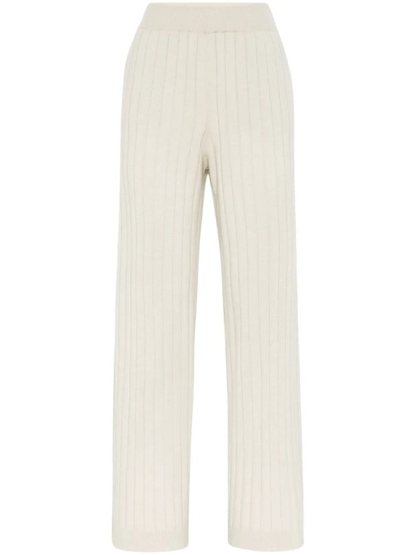 Brunello Cucinelli Wide-Leg Ribbed Knit Pants With High Waist