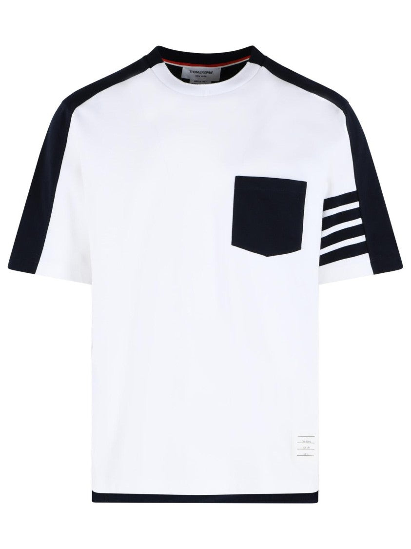 Thom Browne 'Colorblock 4 Bar' White And Navy Cotton T-Shirt