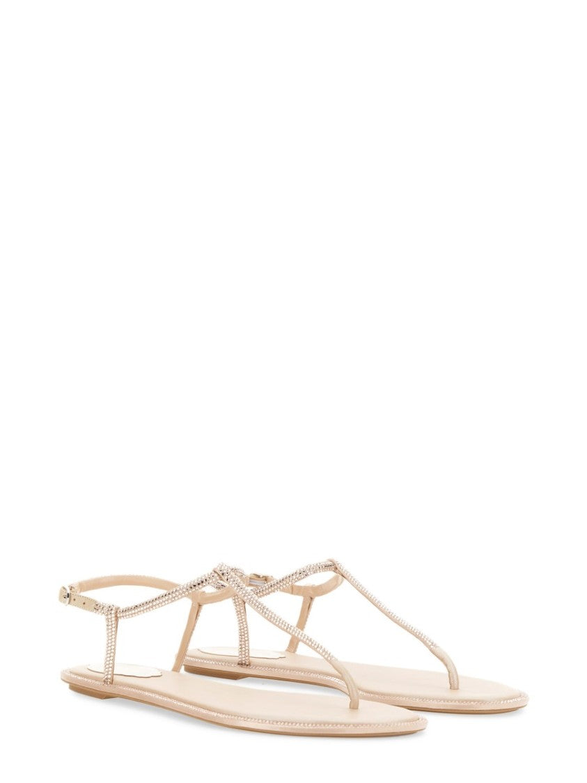 René Caovilla Diana T-Strap Embellished Flat Leather Sandals
