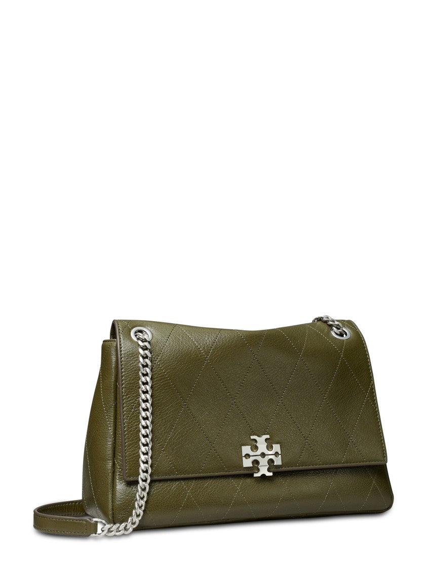 Tory Burch Charlie Quilted Metallic Emblem Green Leather Shoulder Bag