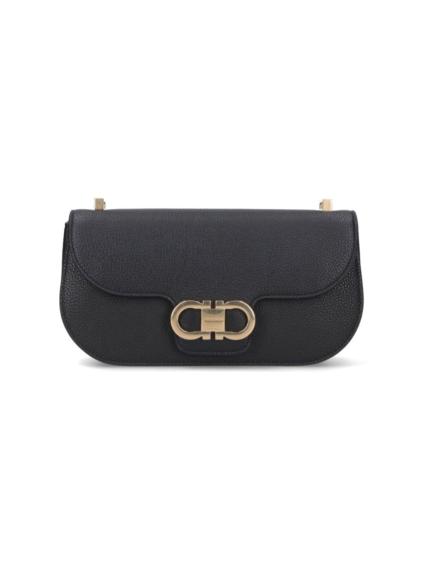 Ferragamo Rectangular Black Textured Leather Shoulder Bag With Magnetic Closure