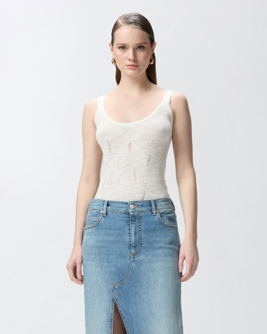 Pinko White Ribbed Scoop Neck Cotton Top
