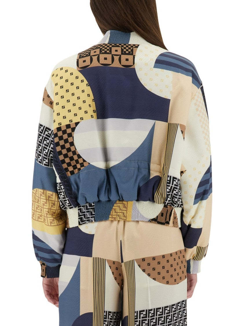 Fendi Silk Bomber Jacket With Patchwork Print
