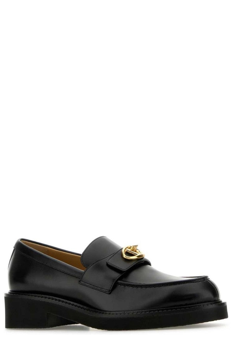 Valentino Black Calf Leather Loafer With Gold-Tone Embellishment