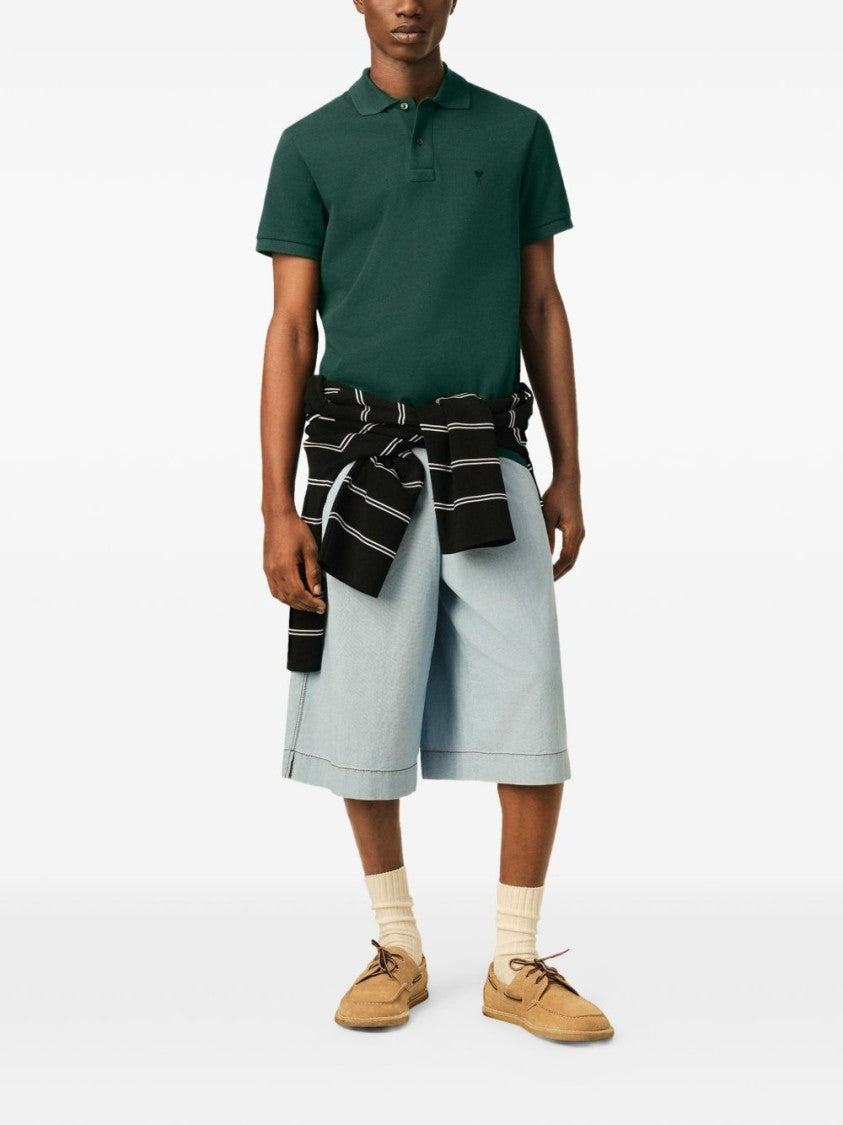 Ami Paris Minimalist Green Polo Shirt With Classic Collar