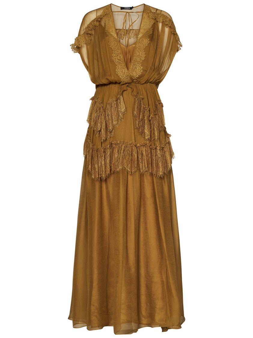 Amen Silk Georgette Maxi Dress With Lace Inserts