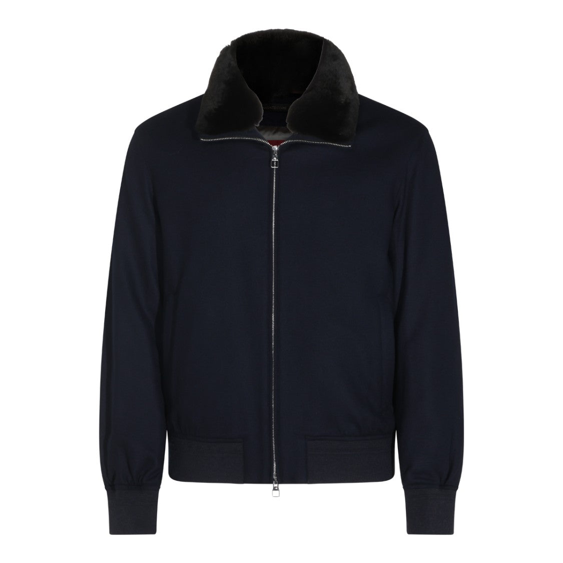 Montecore Tailored Black Jacket With Plush High Collar And Ribbed Details