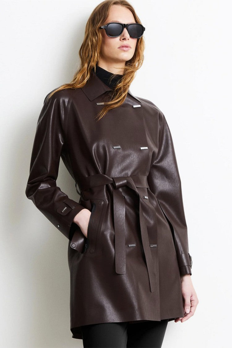 Rrd Dark Brown Glossy Double-Breasted Belted Trench Coat
