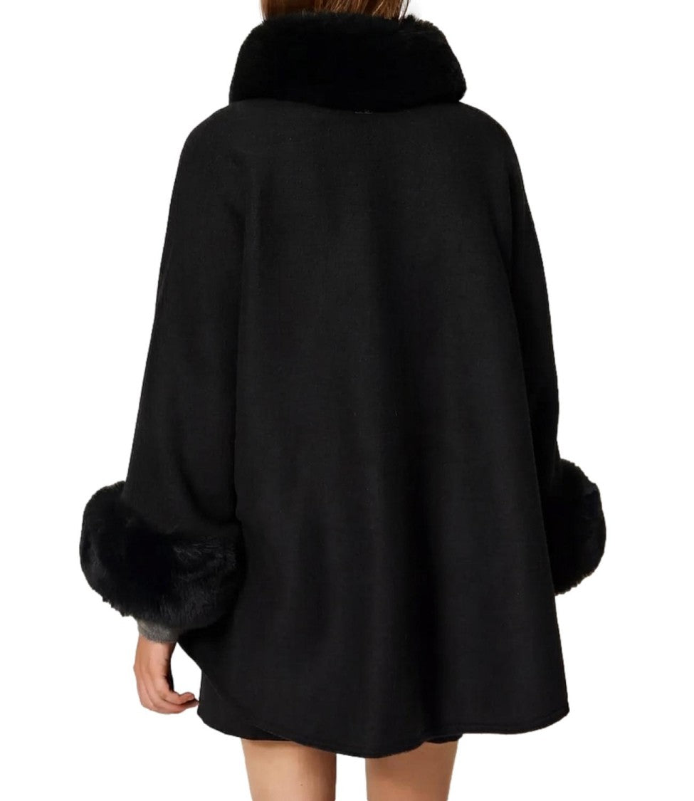 Twin-Set Plush Fur Trim Flowing Cape Coat