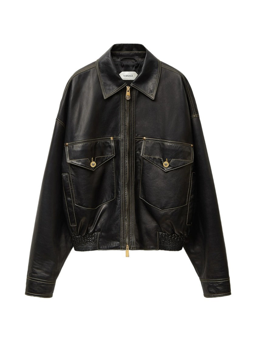 Versace Cropped Lamb Skin Leather Jacket With Flap Pockets