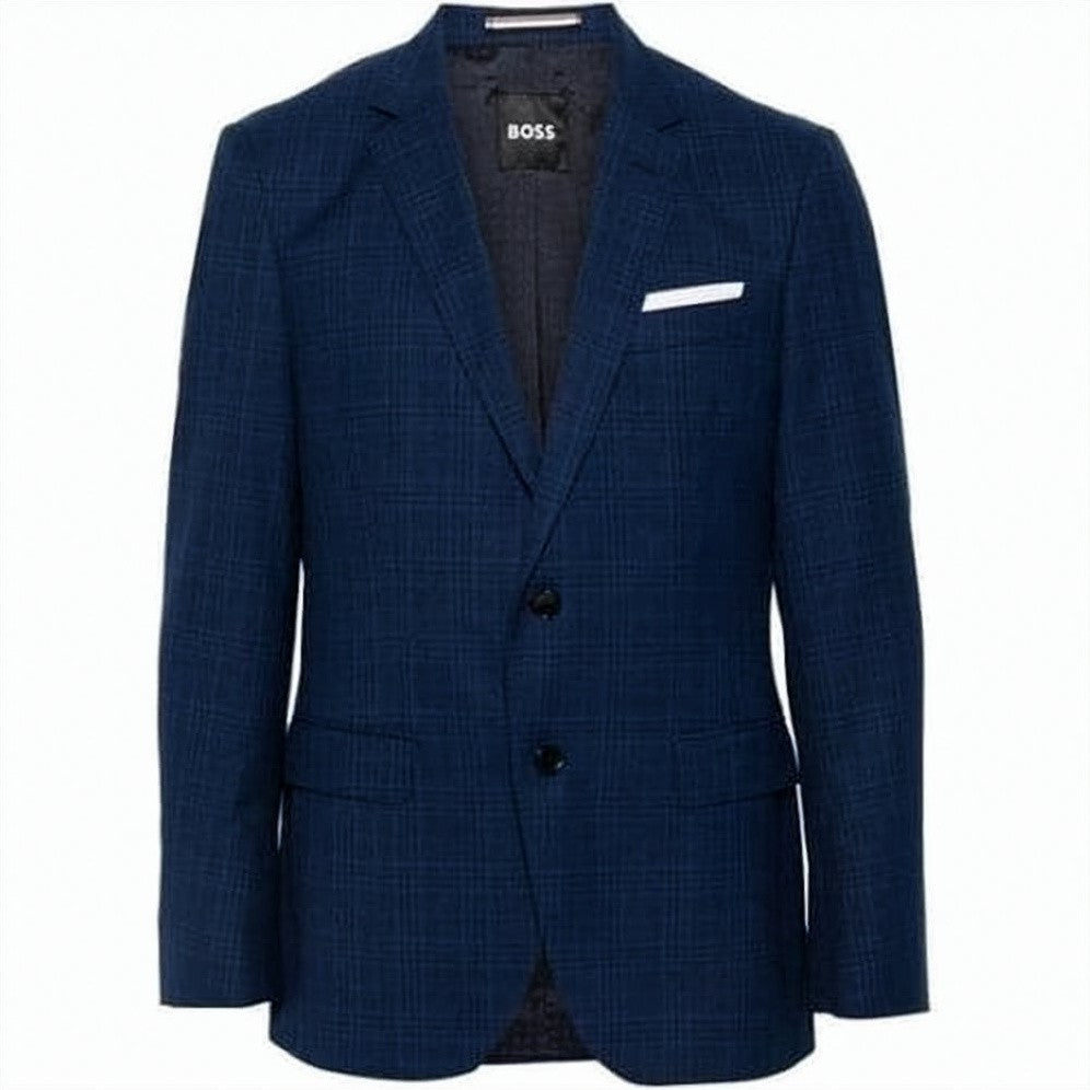 Hugo Boss Tailored Blue Wool Jacket With Notch Lapel And Check Pattern