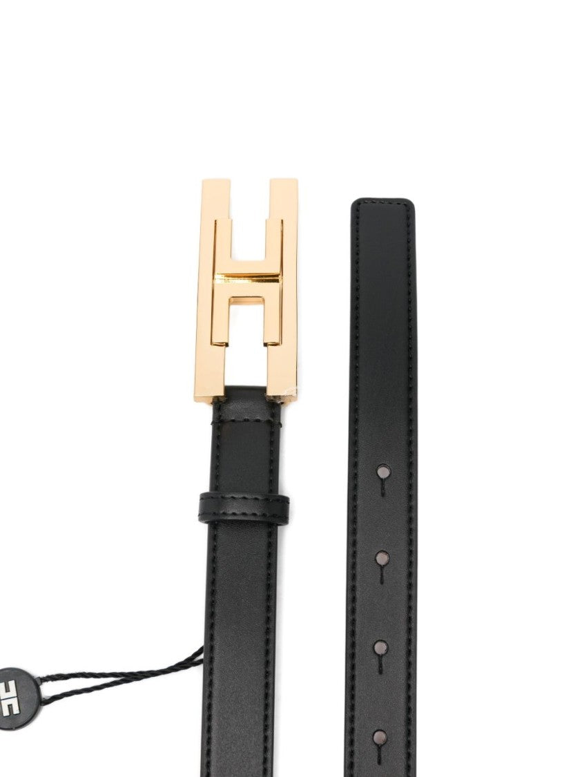 Elisabetta Franchi Slim Black Belt With Gold-Tone 'H' Buckle