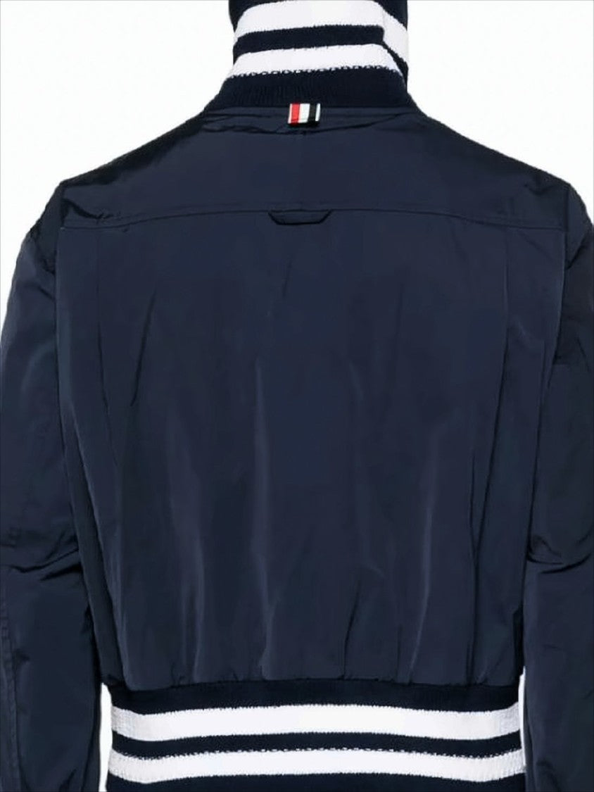 Thom Browne Cropped Blue Bomber Jacket With Ribbed Details And Button Closure