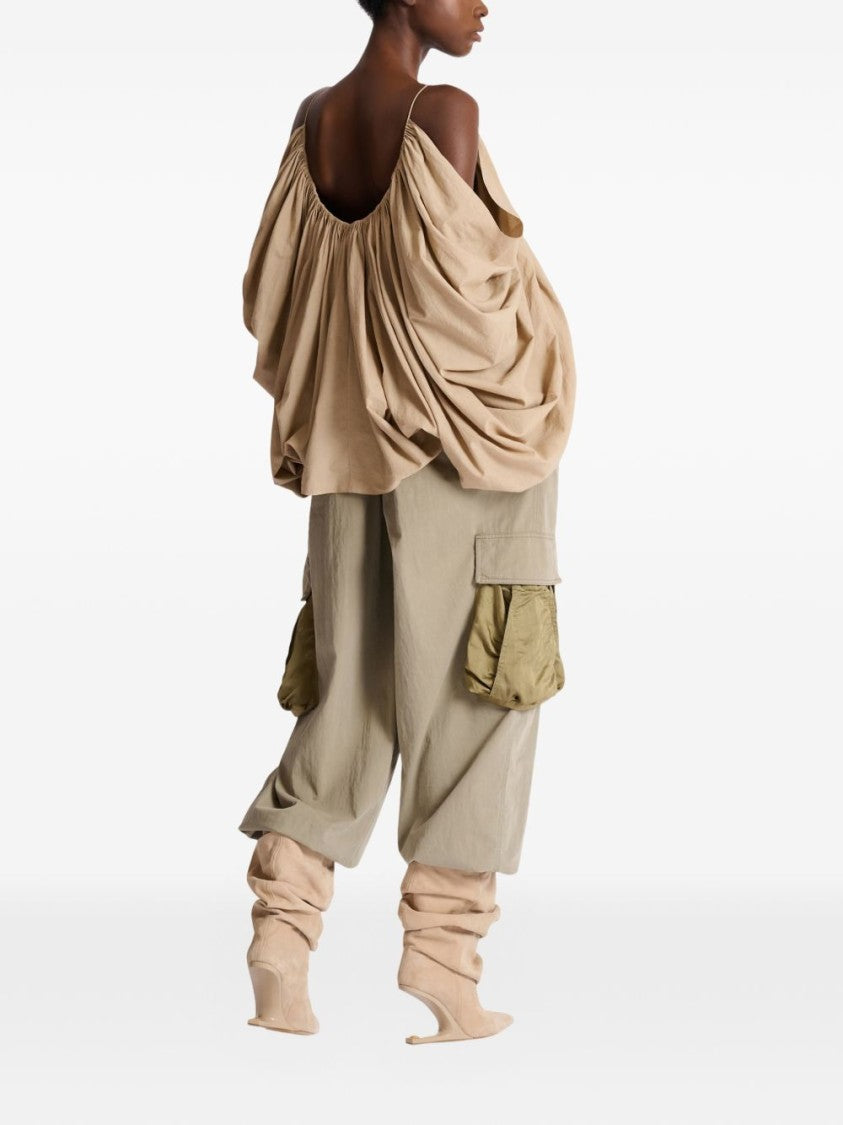 Balmain Beige Gathered Cut Out Cotton Top