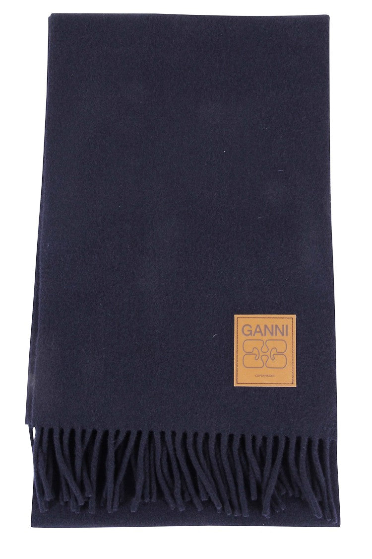 Ganni Soft Wool Scarf In Deep Navy