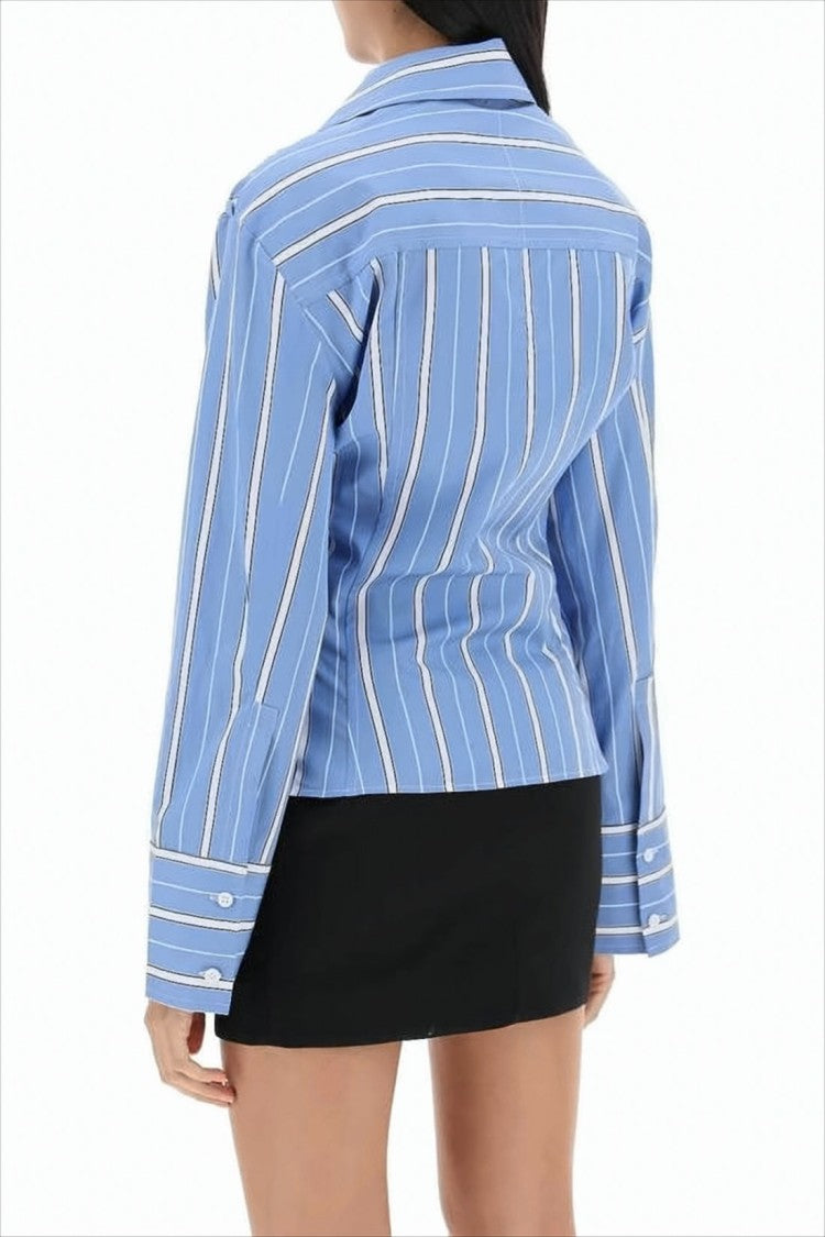 Jacquemus Structured Blue Stripe Blouse With Tie Detail