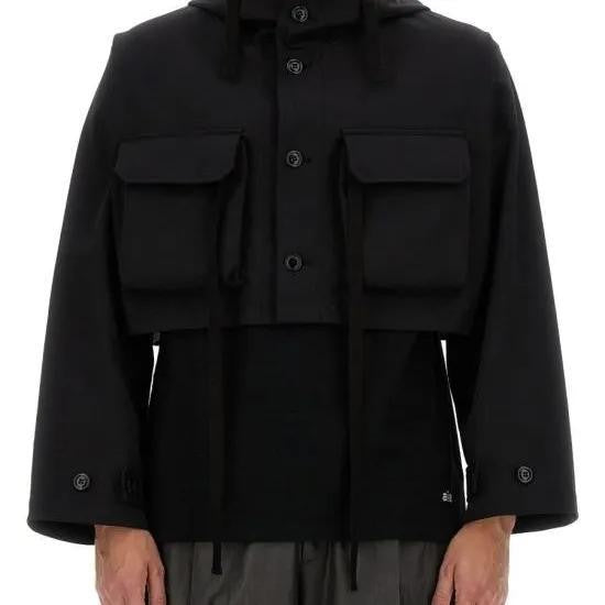 Aïe Cropped Black Hooded Jacket With Front Pockets And Drawstring Details