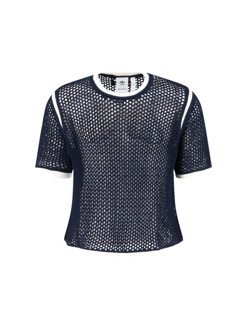 Adidas X Wales Bonner Navy Crochet T-Shirt With White Trefoil Logo