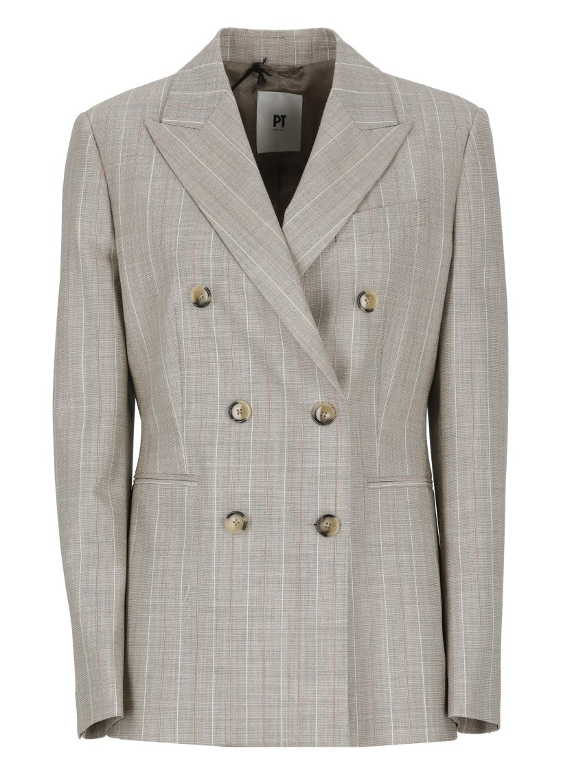 Pt Torino Beige Virgin Wool Double-Breasted Blazer With All-Over Check Pattern