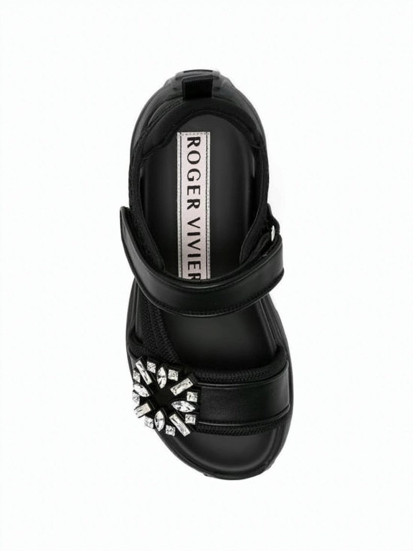 Roger Vivier Black Crystal Buckle Leather Sandals