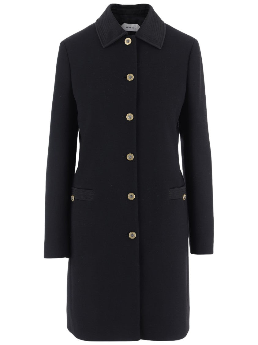 Versace Black Single-Breasted Quilted Collar Wool Coat