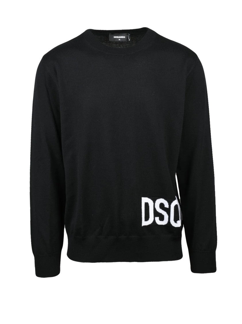 Dsquared2 Classic Fit Black Wool Crew Neck Sweater With Logo Detail
