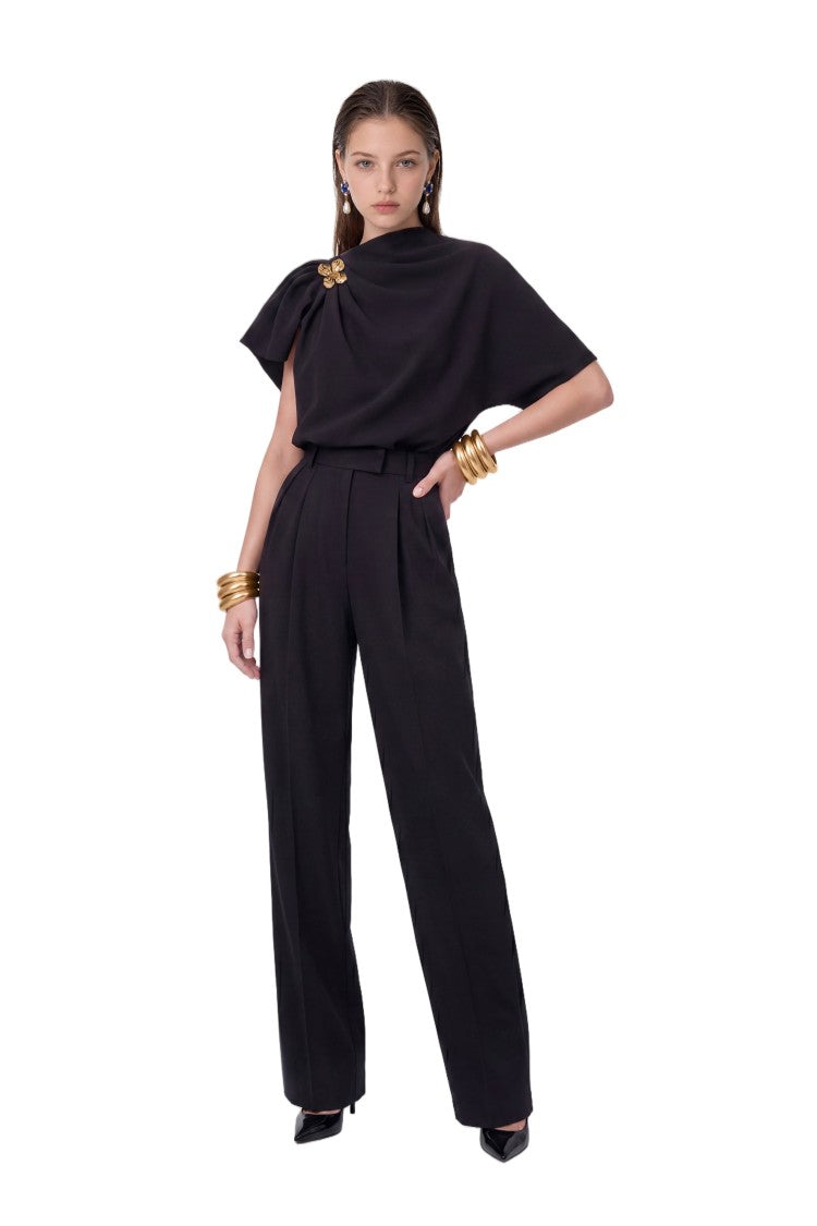 Saiid Kobeisy Tailored Jet Black Gabardine Satin High-Waisted Pants