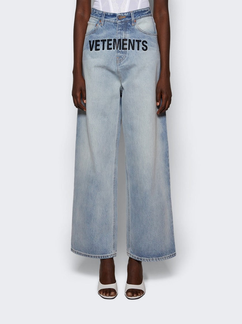 Vetements Embroidered Logo Baggy Jeans Light Blue