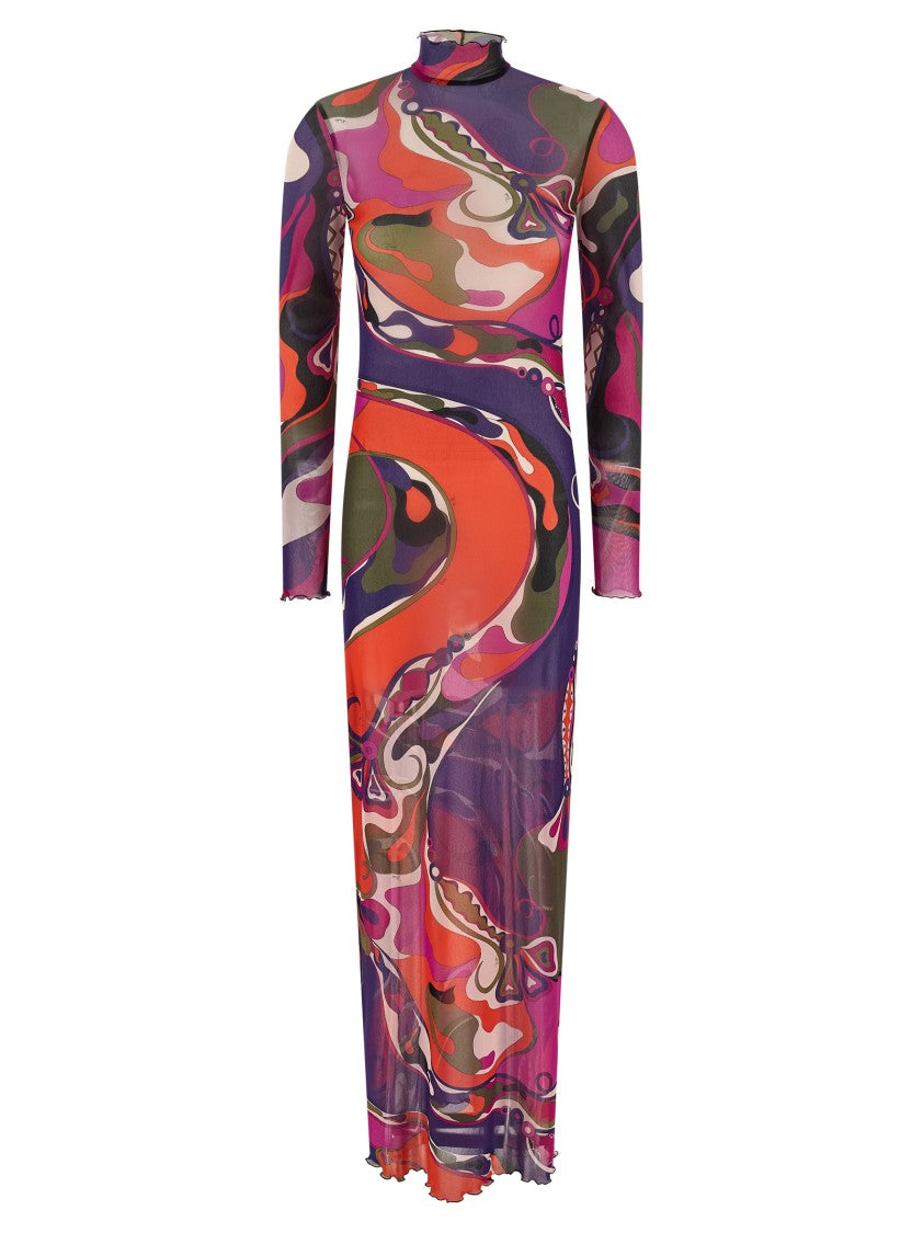 Emilio Pucci Printed Transparent Tulle Dress With High Neck