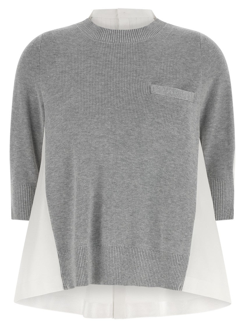 Sacai Asymmetrical Knit Blend And Cotton Poplin Sweater