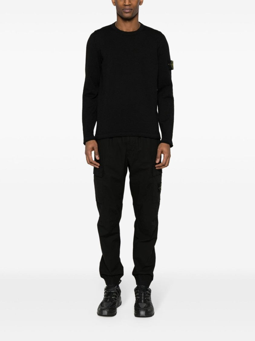 Stone Island Minimalist Black Crew Neck Sweater With Iconic Patch