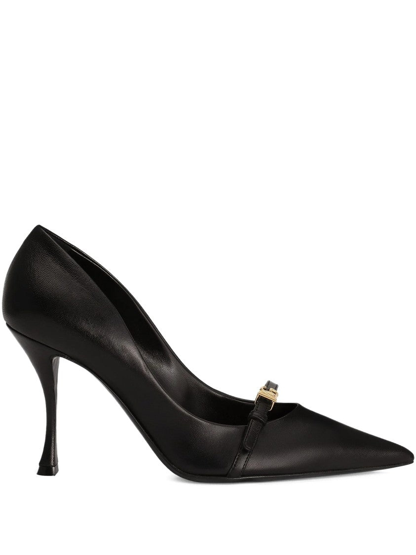 Dolce & Gabbana Pointed-Toe Black Leather Metallic Logo Pumps