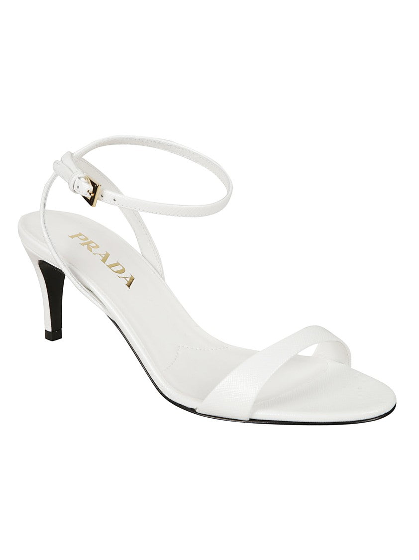 Prada Minimalist White Sandals With Slim Ankle Strap And Metallic Detail