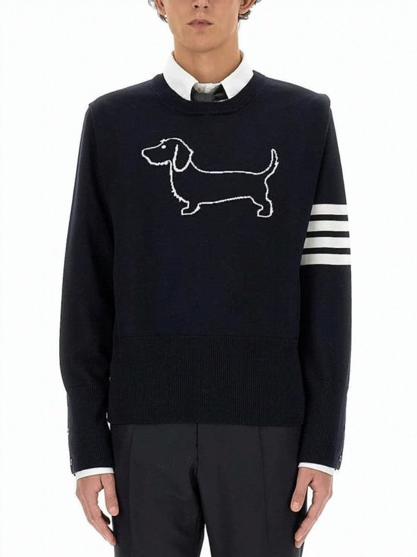 Thom Browne Navy Wool Sweater With Dachshund Outline And Stripe Details