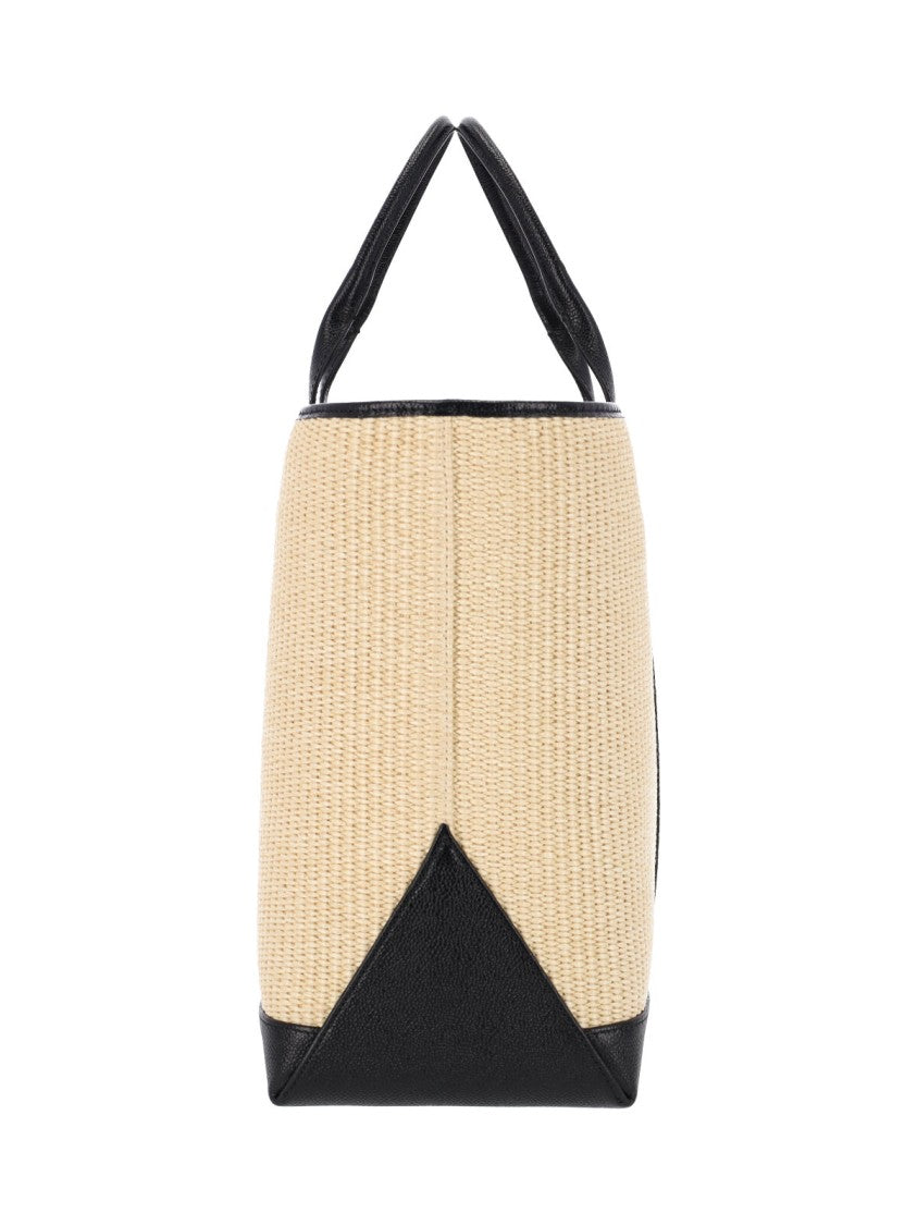 Thom Browne Rwb Beige Raffia Leather Trim Medium Tote Bag