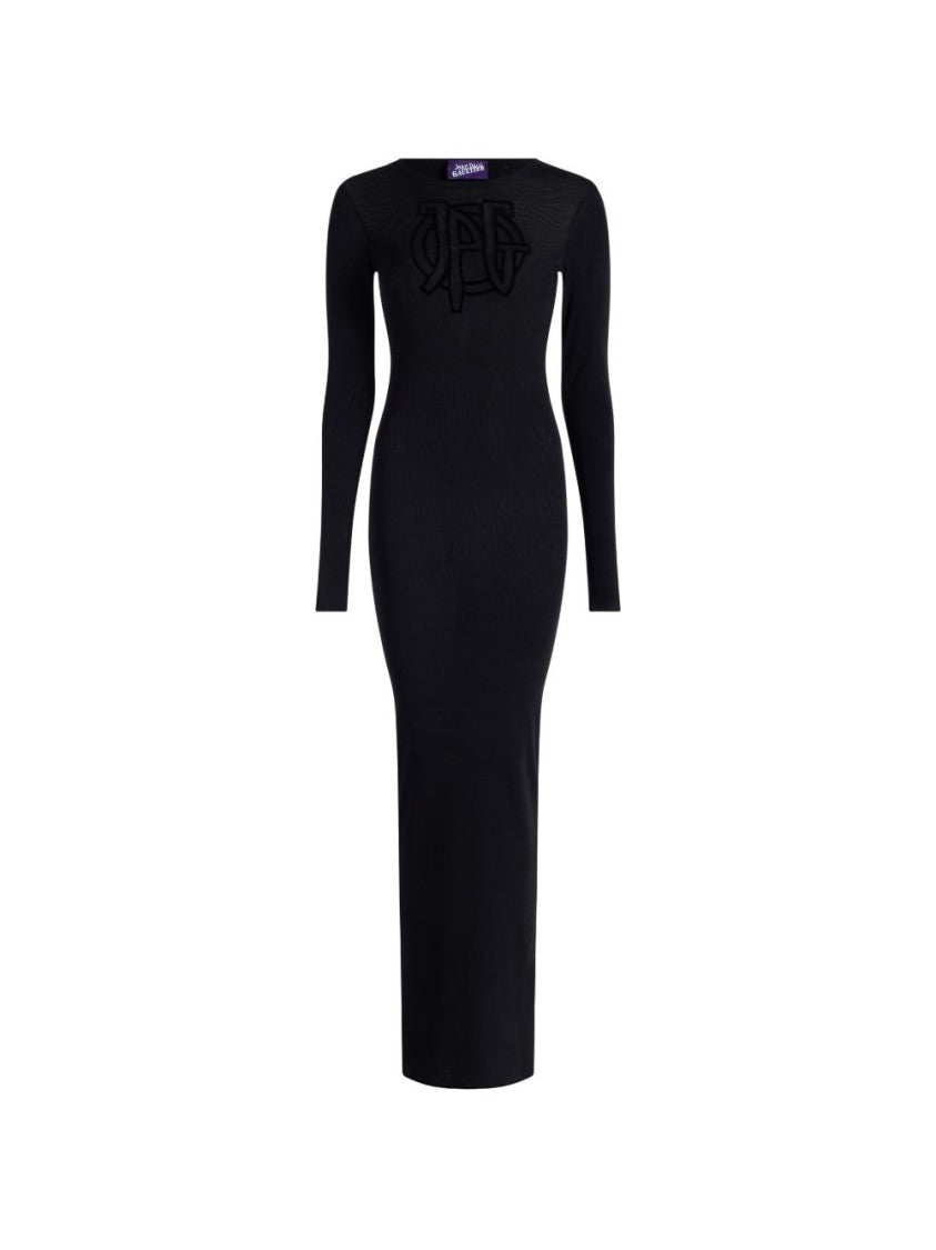 Jean Paul Gaultier Black Textured Logo Fitted Maxi Dress