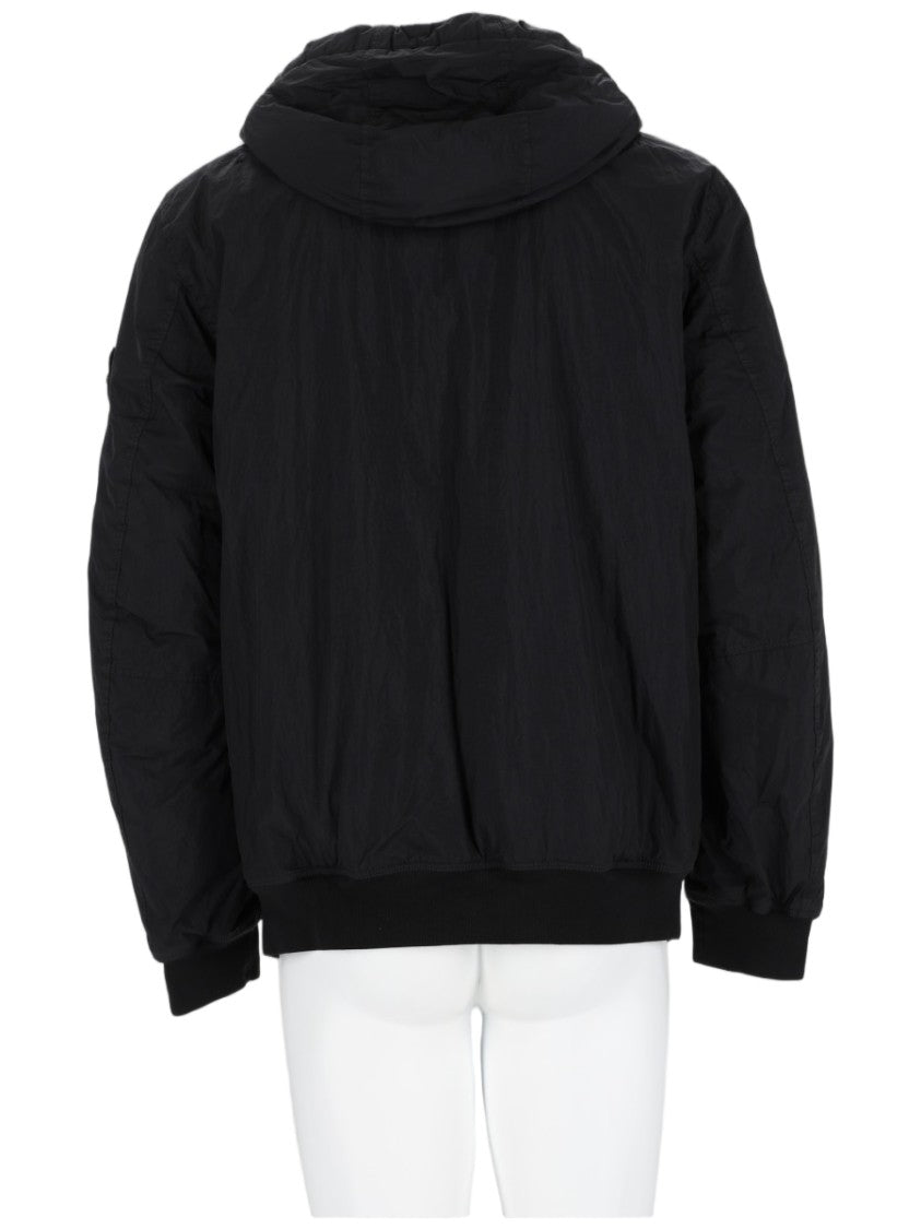 Stone Island Hooded Black Bomber Jacket With Patch Logo