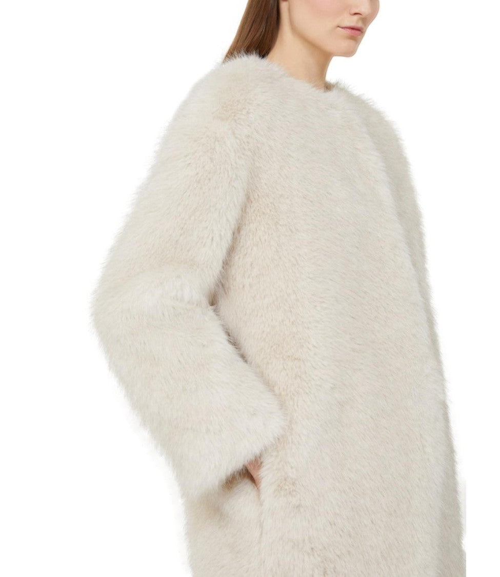 Max Mara Plush Beige Eros Coat With Collarless Design