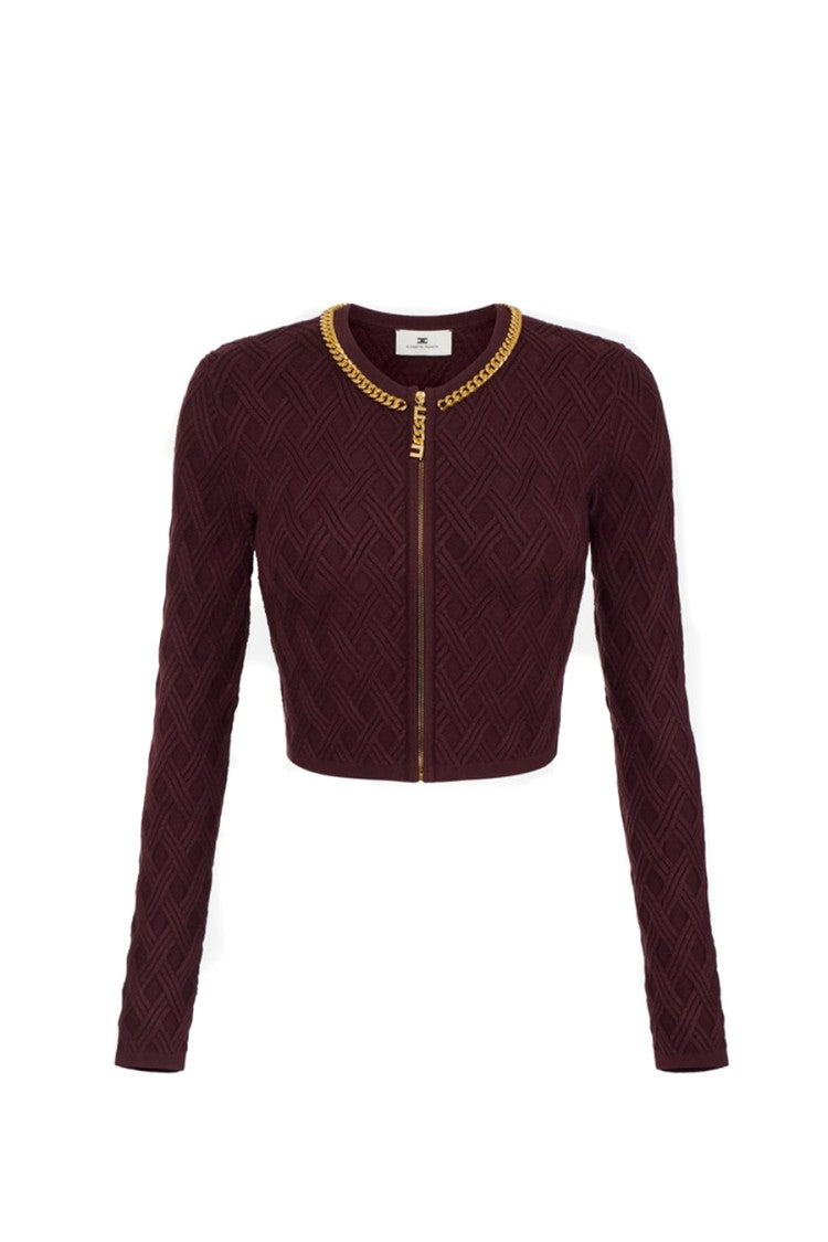Elisabetta Franchi Burgundy Diamond-Quilted Chain-Trim Viscose-Blend Cardigan