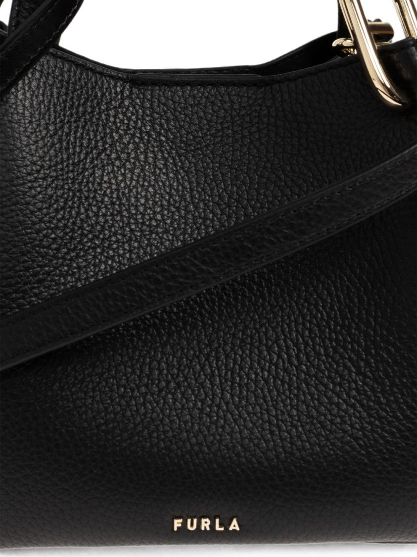 Furla Black Structured Textured Gold-Tone Handbag
