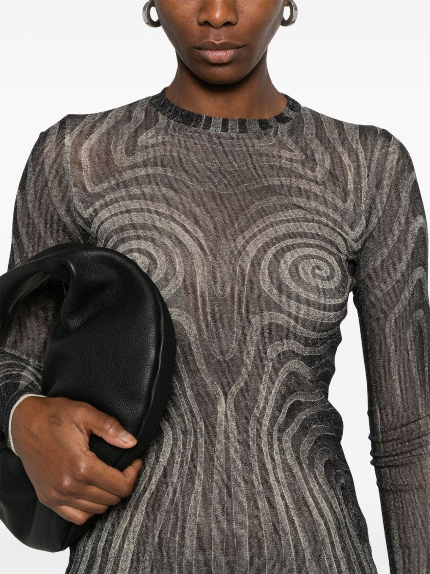 Jean Paul Gaultier Fitted Black Mesh Top With Spiral Print