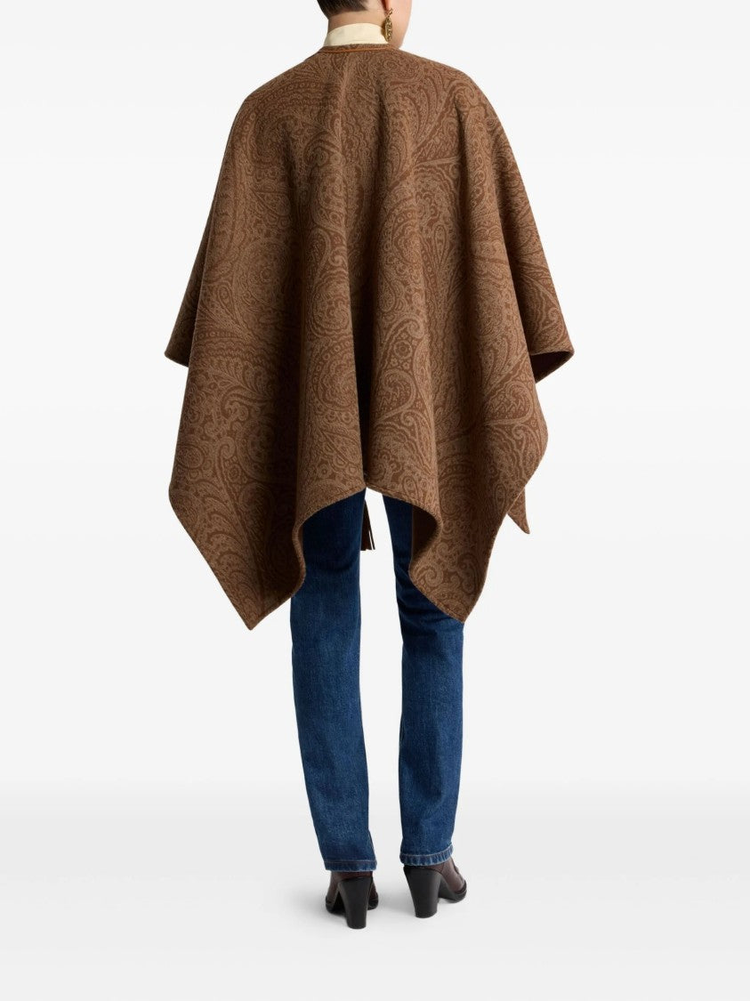 Etro Brown Paisley Pattern Cape With Leather Trim