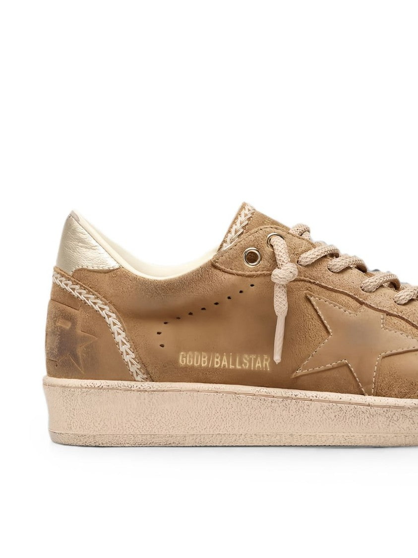 Golden Goose Distressed Tan Leather Sneakers With Stitched Star Detail