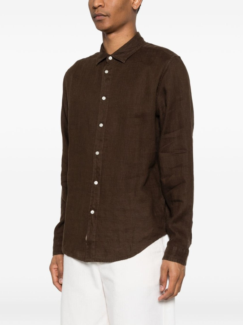 Woolrich Relaxed Fit Brown Linen Shirt With Classic Collar