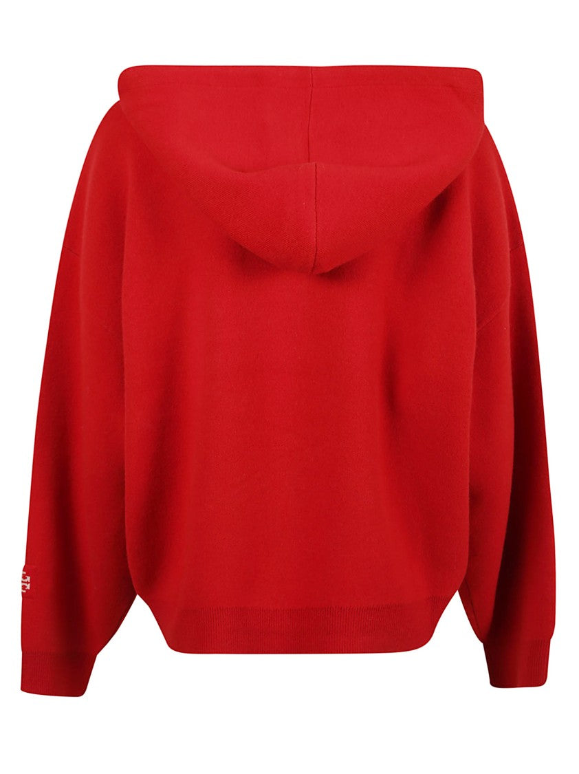 Tory Burch Ribbed Cuff Drawstring Hooded Sweater In Red