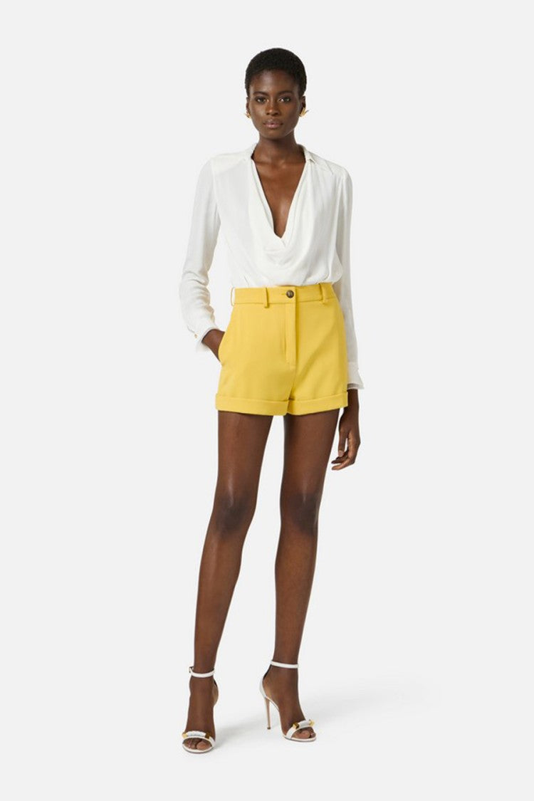 Elisabetta Franchi Ivory Draped Cowl Neck Gold Cuff Buttons Viscose Bodysuit