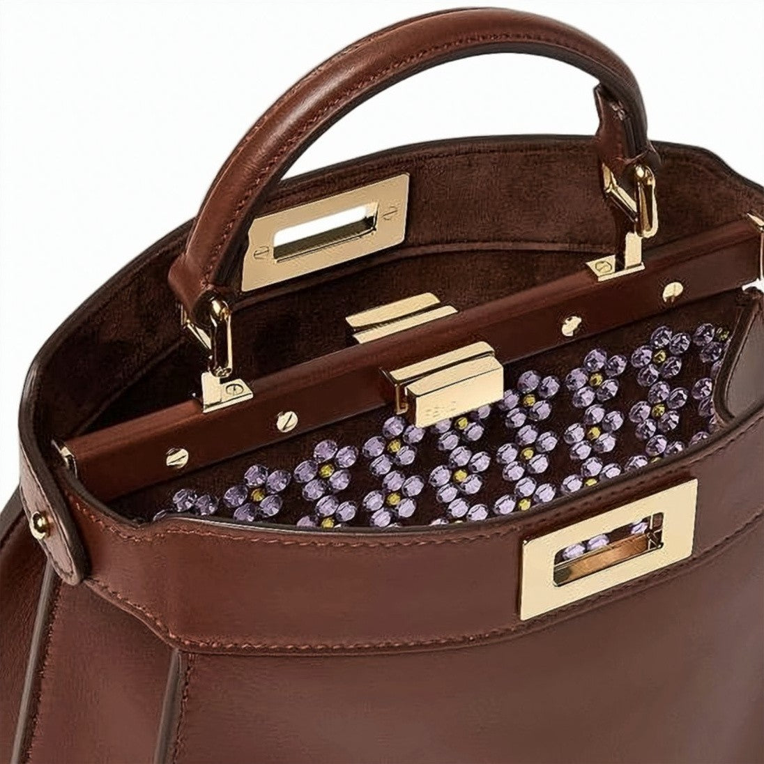 Fendi Brown Structured Floral Glass Calf Crossbody
