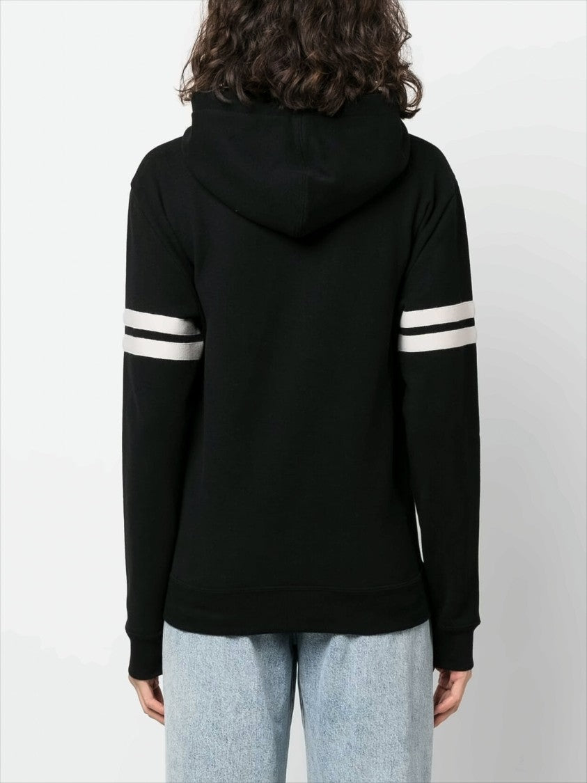 Saint Laurent Embroidered Logo Black Hoodie With Striped Sleeves