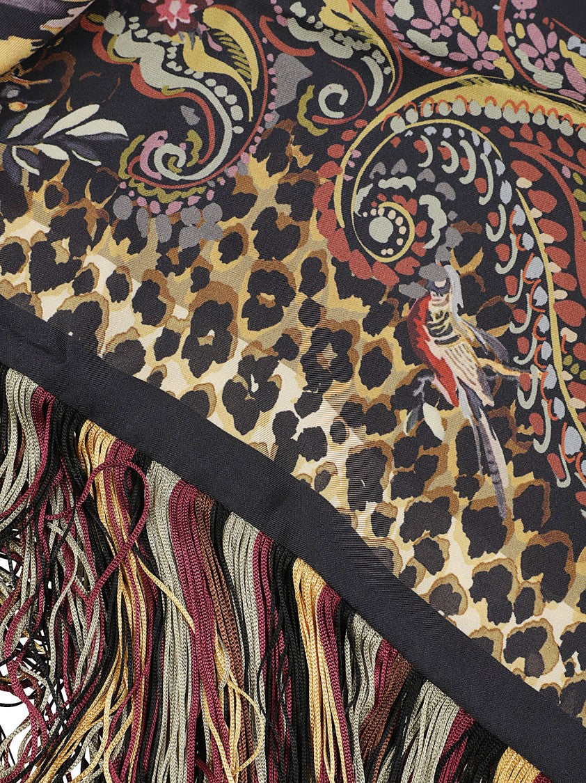 Etro Square Silk Scarf With Rich Paisley And Leopard Print Design